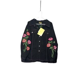 Bob Mackie Wearable Art Button Up Black Denim Jacket Embroidered‎ Florals 1X EUC